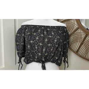 Free People‎ Dark Boho Whimsy Magic Off Shoulder Peasant Blouse Cropped Sz XS